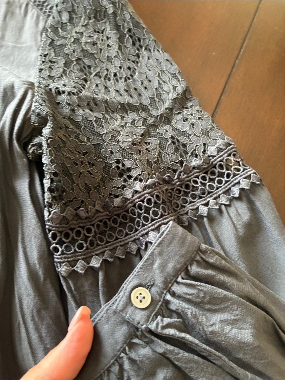 LOFT gray Lace-Trim Long Sleeve Blouse - Picture 2 of 5